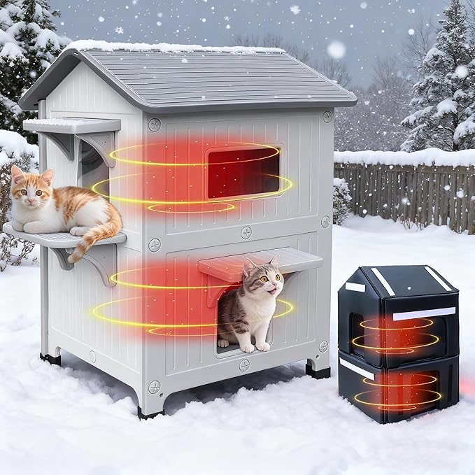 Insulated Outdoor Cat Houses - Waterproof 2 Story Cat House for Outside with Escape Door for Winter，Elevated Outdoor Cat House for Feral Stray Barn Cat Kitty