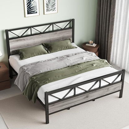 King Size Bed Frame with 51.2" Tall Headboard, Platform Bed Frame with Metal Support, Solid and Stable, Noise Free, No Box Spring Needed, Wash Grey