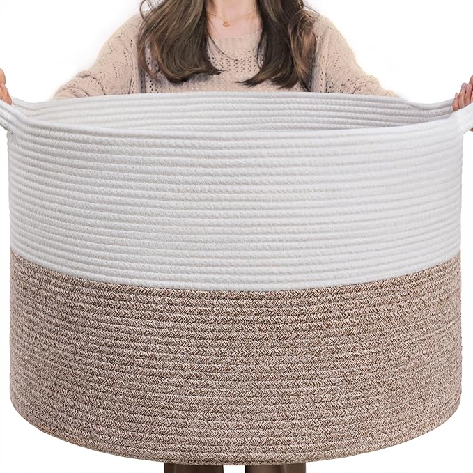 INDRESSME XXXLarge Blanket Basket for Living Room 21.7" x 21.7" x 13.8"-Storage Basket with Handle for Organizing Toy Pillows Woven Cotton Rope Laundry Basket Stuffed Animal Toy Storage for Play Room