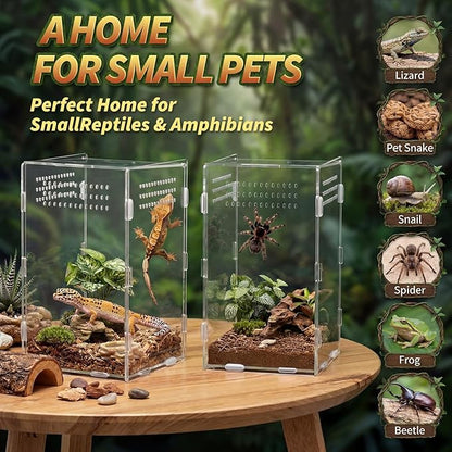 Hushee 2 Pcs Acrylic Reptile Terrarium Easy Assembly, 360° Clear & Keep Pet Secure Design for Jumping Spiders, Tarantulas, Frog, Mantis, Geckos, Ventilated Habitat Terrarium Enclosure 9.8*5.9*5.9in