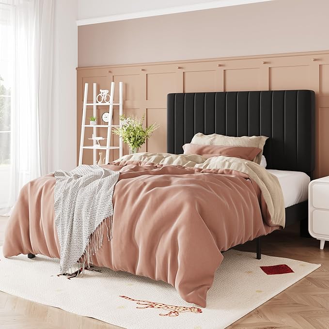 Allewie Twin Bed Frame, Velvet Upholstered Platform Bed with Adjustable Vertical Channel Tufted Headboard, Mattress Foundation with Strong Wooden Slats, Box Spring Optional, Easy Assembly, Black