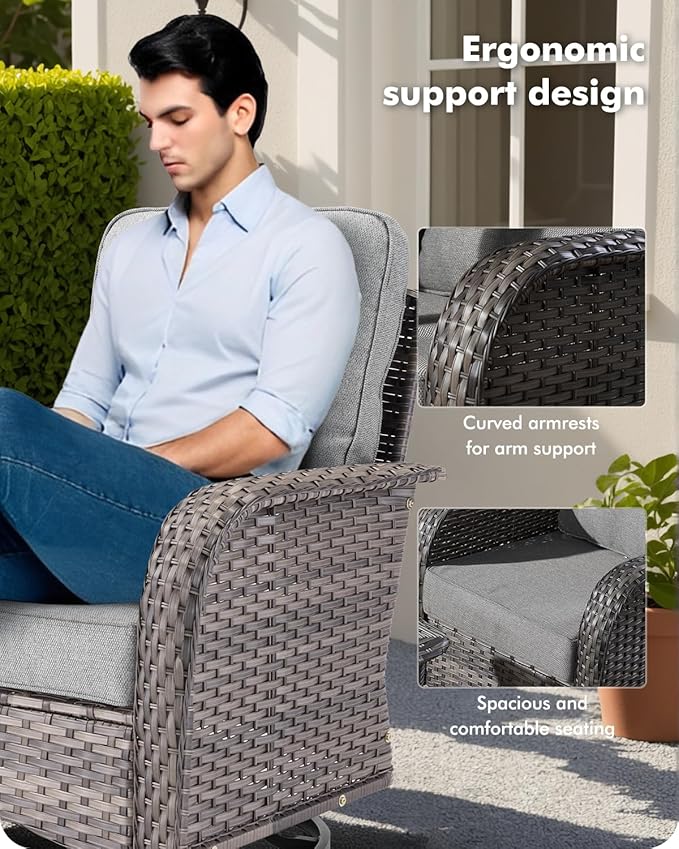 CAODOC 5 Pieces Patio Furniture Set,Outdoor Furniture with Rockers, Rattan Conversation Sets w/Coffee Table, Grey Wicker Light Dark Gray Cushion