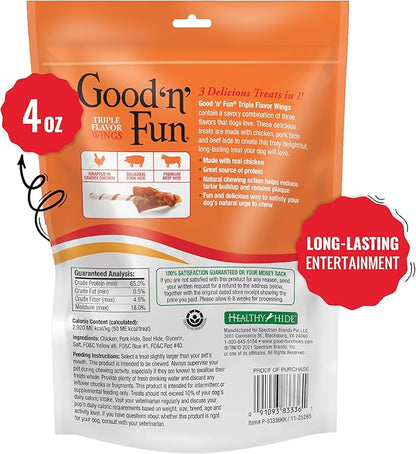 Good ‘n’ Fun Triple Flavor Wings Chews for All Dogs, Treat Your Dog to Long-Lasting Chews Made with Chicken, Pork Hide and Beef Hide, , 4 Ounces