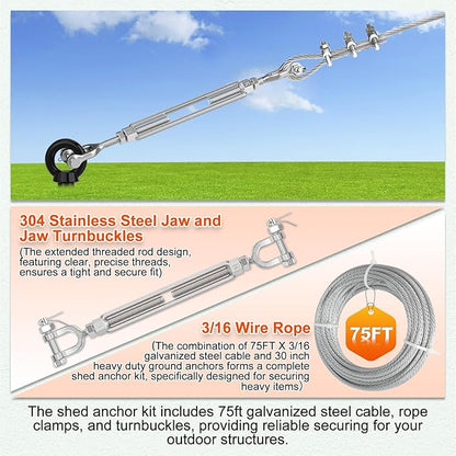 30" Ground Anchors Shed Anchors Kit with 3/16" 75FT Galvanized Cable & M6 304 Stainless Steel Turnbuckles, Heavy Duty Earth Anchors for Sheds Trees Trampoline Greenhouse Swing Set Tent, 4Pack Black