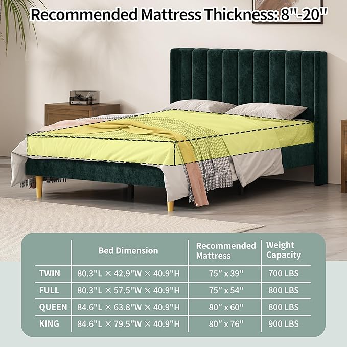 Full Size Upholstered Platform Bed Frame with Modern Wingback & Vertical Panel Headboard, Velvet Fabric, Wooden Legs & Slats Support, No Box Spring Needed, Noise-Free & Easy Assembly, Ink Green