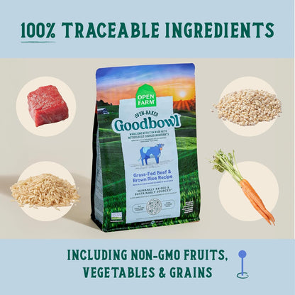 Open Farm Goodbowl, Oven-Baked Small Batch Dry Dog Food - Grass-Fed Beef & Brown Rice Recipe, Includes Non-GMO Produce & Grains, 3.5lb Bag (56oz Bag)
