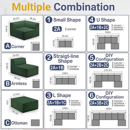 38“ Modular Sectional Sofa Convertible Cube Compressed Couch Seat Set, Combine L-Shaped U-Shaped, Free Assembly, Space-Saving for Living Room, Thick Foam Fabric Chenille Green (Only Ottoman)