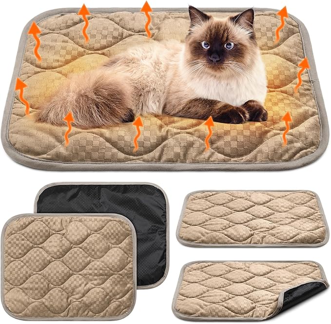4 Pack Self Warming Cat Mat Self Heating Cat Pad Warm Thermal Pet Bed Washable Dog Crate Pad Body Heat Dog Bed Mat Blanket Non Slip Bottom for Outdoor Indoor Pets