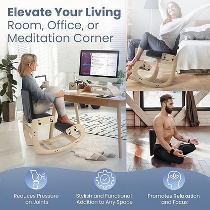 Mind Oasis Ergonomic Kneeling Chair with Back Support - Knee Chair Ergonomic for Office w/Upholstered Fabric - Adjustable Rocking Stationary Correcting Stool, Meditation Desk Stool for Better Posture