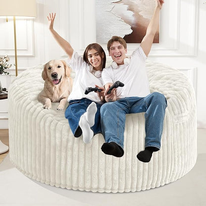 Homguava 5 FT Bean Bag Chair,5' Big Bean Bag,Giant Bean Bag Chairs for Adults with Memory Foam Filled,Comfy Large Beanbag Chairs Soft Bean Bag Sofa with Dutch Corded Plush Cover-White