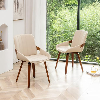 YOUUGIOR Mid Century Modern Beige Faux Leather Upholstered Dining Chairs Set of 2,Armless Accent Chairs with Sturdy Natural Wood Legs,Bamboo Backrest Support for Kitchen&Dining Room Chairs