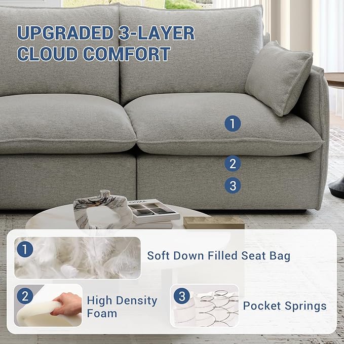 Lopzeho 124" Cloud Modular Sectional Sofa, Waterproof Down Filled Sectional Couch, High Backrest L Shaped 4 Seater Couch with Ottoman, Modern Modular Sofas with Removable Cover, Light Gray
