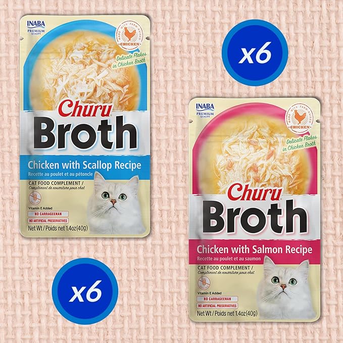 INABA Churu Broth for Cats, Side Dish Pouch, 1.4 Ounces per Pouch, 12 Pouches, Chicken Variety