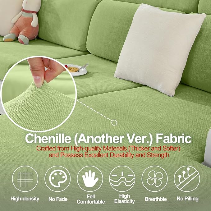 Chaise Cushion Cover for Sectional Sofa, Softer Chenille Sofa Cover for L Shaped Couch (Left or Right Facing), Stretch Chaise Couch Slipcover (Only 1 Piece, Green)