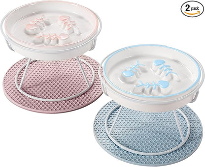 Ceramic Elevated Cat Bowls Set, Anti Vomit, Removable Dishes, Pink & Blue | Removable Ceramic Bowls Elevated Anti Vomit Food & Water Feeding Pink & Blue Set