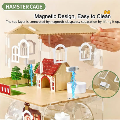 17 in 1 Clear Acrylic Hamster Cage with All Accessories,13.5''L* 10''W* 21''H Dwarf Hamster Cage,Magnetic Connection Small Hamster Enclosure,Garden Style Wooden Pet Mouse Cage for Pet Mice(3-Layer)
