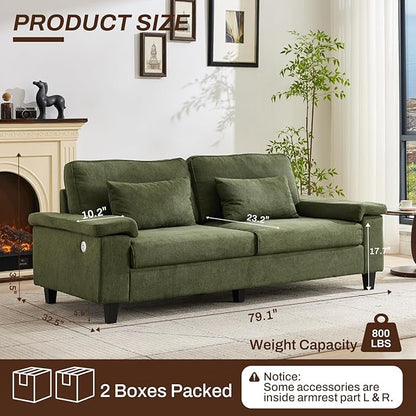 3 Seater Couch for Living Room, 79'' Comfy Deep Seat Sofa with Adjustable Armrests & USB/Type-C Charging Ports, Mid Century Modern Couch for Bedroom, Home Office, Green