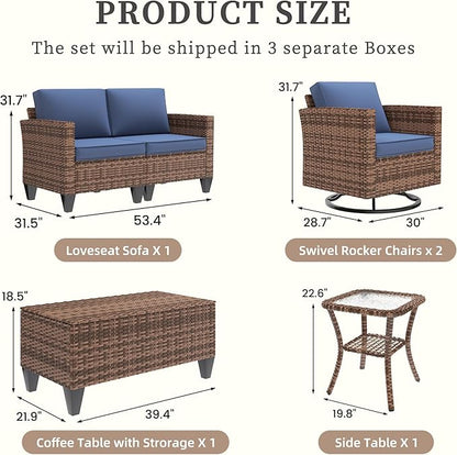 UDPATIO Patio Furniture Set, 5 Pieces Outdoor Wicker Furniture Set with Swivel Rocking Chairs Storage Table and Waterproof Covers for Backyard, Deck, Porch, Navy