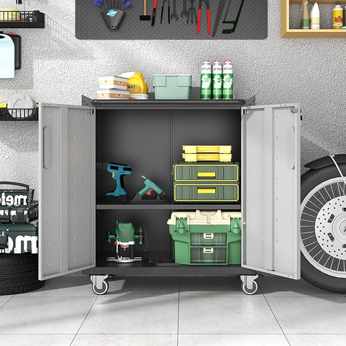 Metal Storage Cabinet with Wheels, Rolling Tool Cabinet with Doors and Shelves