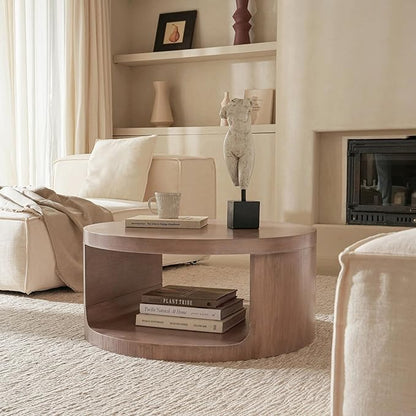 Round Coffee Table with Storage, 31.5" Modern Living Room Table, 2 Tier Circle Wood Center Tables for Apartment, Living Room, Open-Style Storage Gray Coffee Tables, 31.5"*15.7" (Gray)