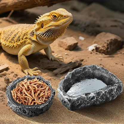 TRUVIC 2 Pack Reptile Feeding Dish Set, Reptile Water Dish Food Bowls for Bearded Dragon Tank Accessories, Resin Terrarium Bowls for Leopard Gecko, Lizard, Chameleon, Hermit Crab, Tortoise, Frog