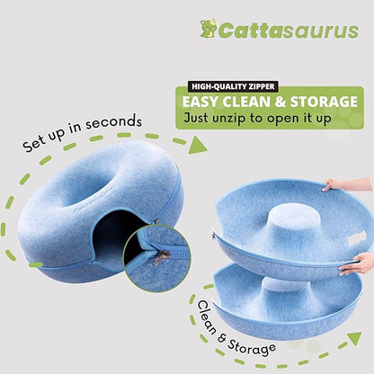CATTASAURUS Peekaboo Cat Cave for Multiple & Large Cats Up to 30-45 Lbs, Scratch Detachable & Washable Tunnel Bed, Comfy Donut Cat Cave (Blue, Jumbo)