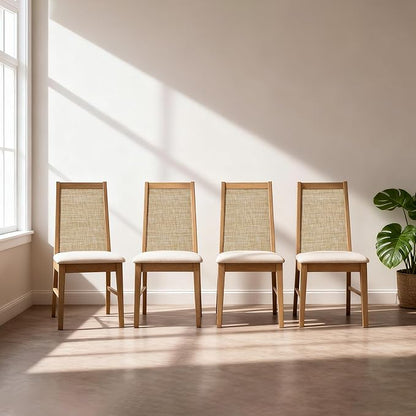 SICOTAS Wood Dining Chairs Set of 4 - Rattan Dining Room Chairs with Solid Wood Leg, Farmhouse Upholstered Kitchen Chairs High Back, Modern Armless Dining Chair for Dining Room, Kitchen, Oak, 4PCS