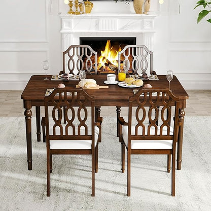 chairus Farmhouse Dining Chairs Set of 4, French Country Vintage Wooden Dining Room Chairs with Arm, Lattice Back & Turned Legs, Rustic Chenille Upholstered Nailhead Trim Kitchen Chairs, Walnut Brown