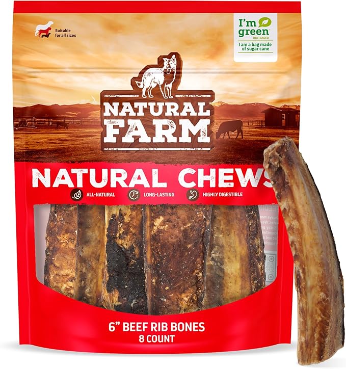 Natural Farm Rib Bones for Dogs (6 Inch, 8 Pack) - Beef Ribs for Dogs, Farm-Raised Cattle - Slow-Roasted Flavor - Low Odor for Indoor, Outdoor Chewing - Promotes Dental Health
