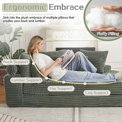 Antetek Chaise Lounge Chair Indoor, Convertible Folding Futon Sofa Bed w/ 5 Pillows, Fluffy Corduroy Boneless Compressed Memory Foam Couch for Living Room, Bedroom (Green, Right Half)