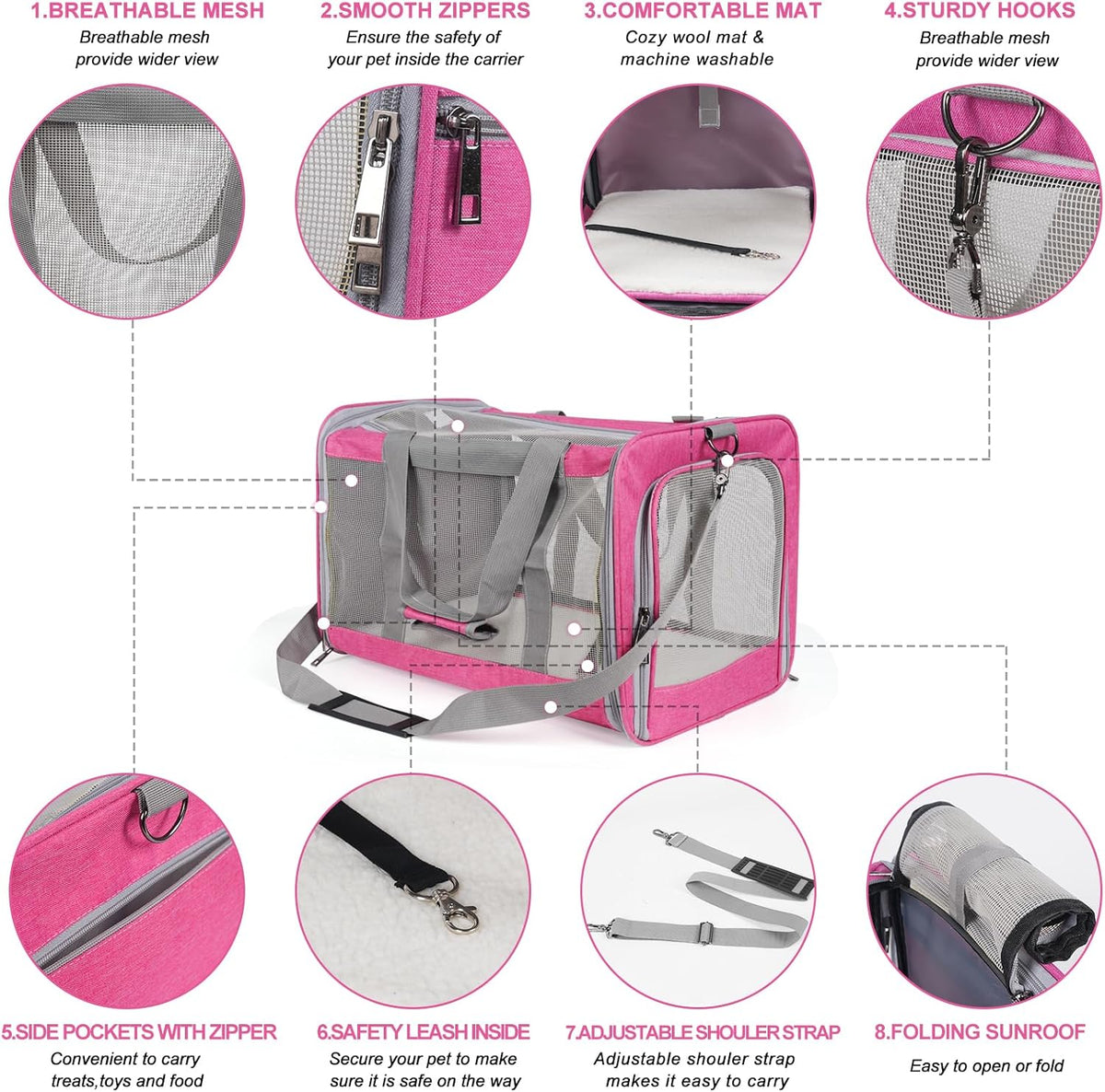 Pet Carrier for Large Cats of 20 Lbs, Collapsible Carrier Bag for Big Cat or 2 Kittens,Soft Sided Puppy Carrier with Sturdy Travel Transport Strap, Adequate Ventilation, 4 Mesh Windows (Pink)