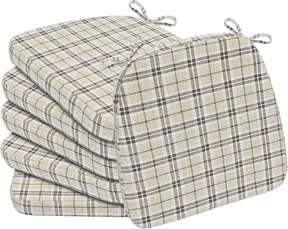 AAAAAcessories D-Shaped Chair Cushions, 2" Thick Dining Chair Pads with Ties and Removable, Machine-Washable Cover, 17" x 16", Set of 6, Yellow Checkered