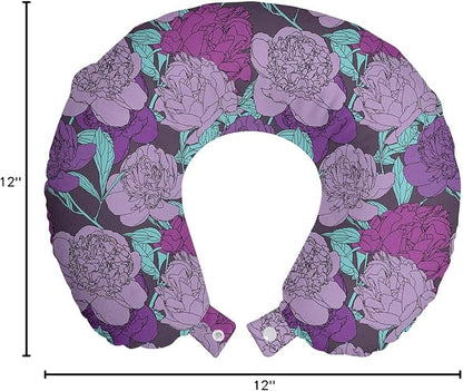 Ambesonne Peony Travel Pillow Neck Rest, Pastel Tone Delicate Peonies with Curled Leaves Vintage Style Tangled Arrangement, Memory Foam Traveling Accessory for Airplane and Car, 12", Purple Teal