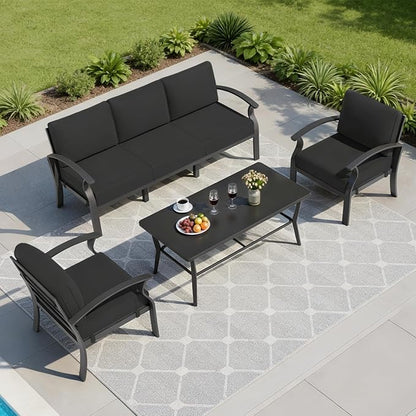 RTDTD Aluminum Outdoor Patio Furniture Set,5 Seats Patio Conversation Sets with Rectangular Coffee Table,Metal Patio Sectional Furniture Set with 5.1" Thickened Cushions,Black