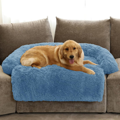 GGIB Calming Dog Bed Fluffy Plush Dog Mat for Furniture Protector with Removable Washable Cover for Large Medium Small Dogs and Cats (Extra Large (53x39.3x6), Navy)