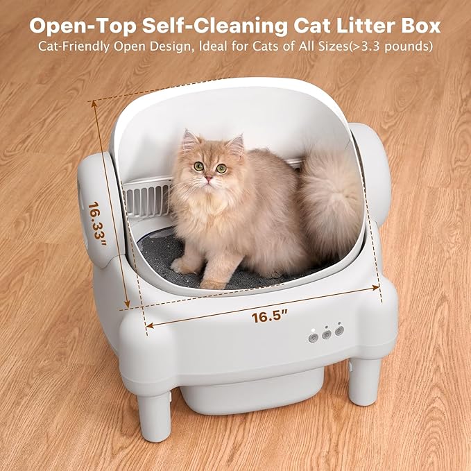 Self Cleaning Litter Box,Open Top Automatic Litter Box with App Control for Multiple Cats, Safety Sensors Protection, Odor Control Includes 2 roll Liners,Large Waste Bin, Cream White