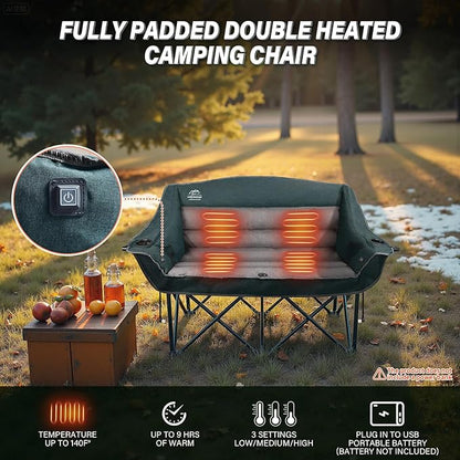 LANMOUNTAIN Heated Double Camping Chairs,3 Heat Levels Padded Portable Loveseat w/Wine Glass Holder,Cup Holder,Heating Outdoor Camp Couch Support 600 Lbs,Dark Green,Battery NOT Included