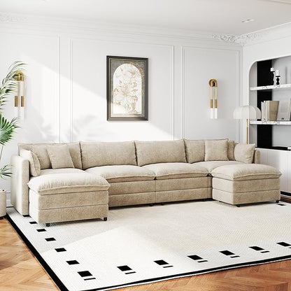 Aoowow Modular Sectional Sofa Modern Convertible U Shaped Couch,147.2 Inch Deep 4-Seater Sofas Set Comfy Chenille Cloud Sofas and Couches with Movable Ottoman for Living Room Apartment（Camel）