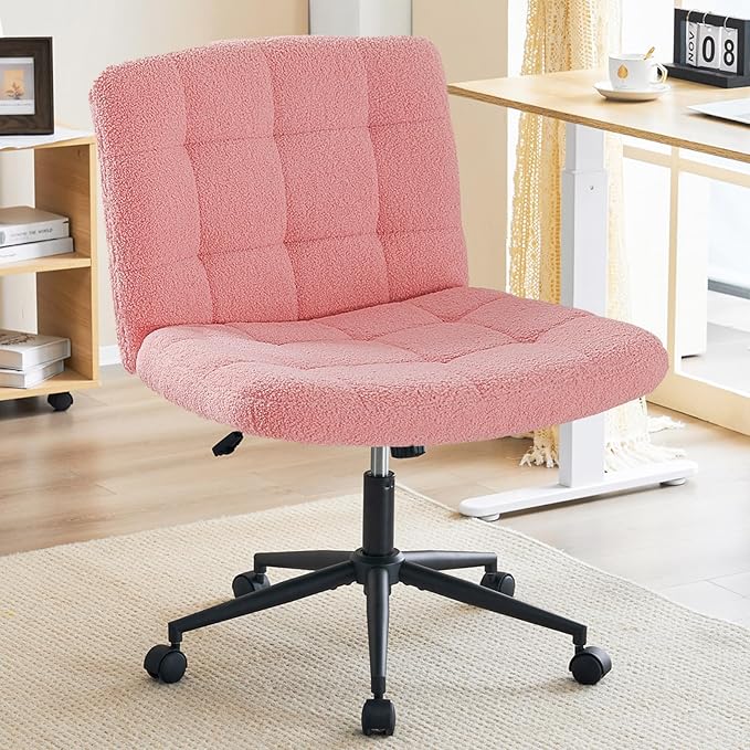 Furnimart Swivel Criss Cross Legged Chair with Wheels for Home Office, Wide Armless Desk Chair Height Adjustable Comfy Seat for Desk,Vanity, Bedroom, Faux Fur Pink