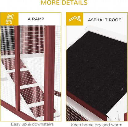 PawHut 49" Wooden Rabbit Hutch Bunny Cage with Waterproof Asphalt Roof, Fun Outdoor Run, Removable Tray and Ramp, for Rabbits, Chickens, Ducks, Brown