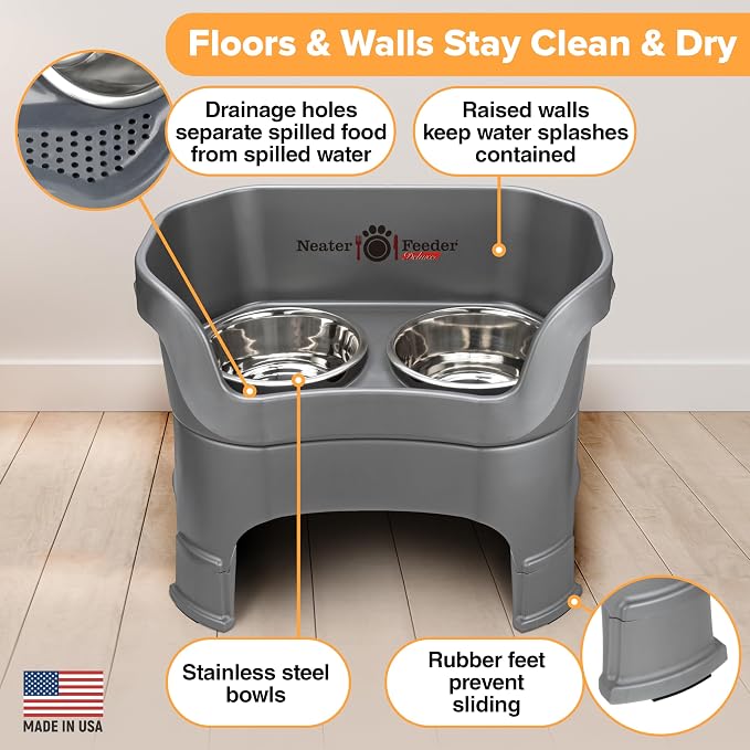 Neater Feeder Deluxe Mess Proof Dog Bowls Elevated for Large Breeds – Made in USA – No Spill Raised Slow Feeder Elevated Dog Bowl Stand, Stainless Steel Food and Water Bowl Set, Grey