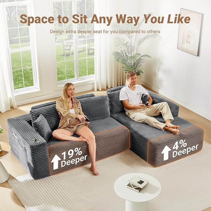 108" Boneless Couch, Cloud Couch Modular Sectional Sofa with Deeper Seat, L-Shaped Sofa with 4 Storage Pockets, Comfy Corduroy Couches for Living Room (Right Facing Chaise, Grey)
