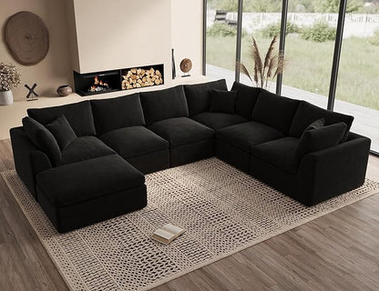 ohllob Oversized Sectional Couches for Living Room, Cloud Boneless Couch, 7 Seater Large Modular Sectional Sofa, Black