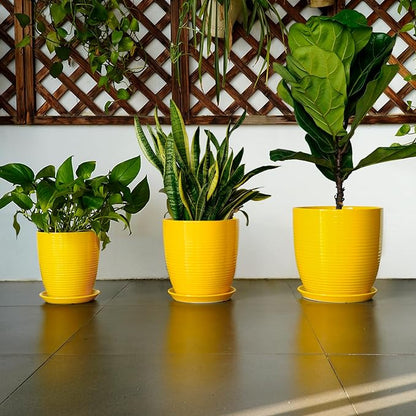 Ceramic Plant Pot - 8 Inch Planter Pot with Drainage Hole and Saucer Round Planter for Indoor Outdoor Plants Flower Pot for Home Patio Garden Office Yellow