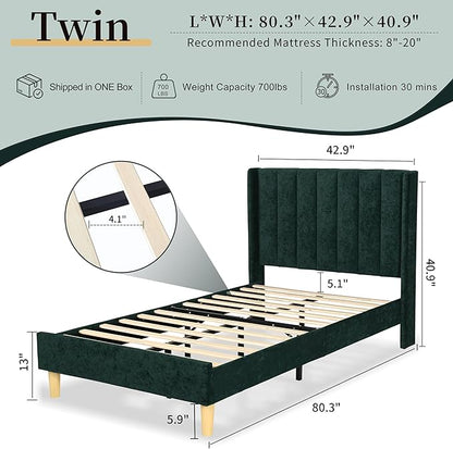 Twin Size Upholstered Platform Bed Frame with Modern Wingback & Vertical Panel Headboard, Velvet Fabric, Wooden Legs & Slats Support, No Box Spring Needed, Noise-Free & Easy Assembly, Ink Green