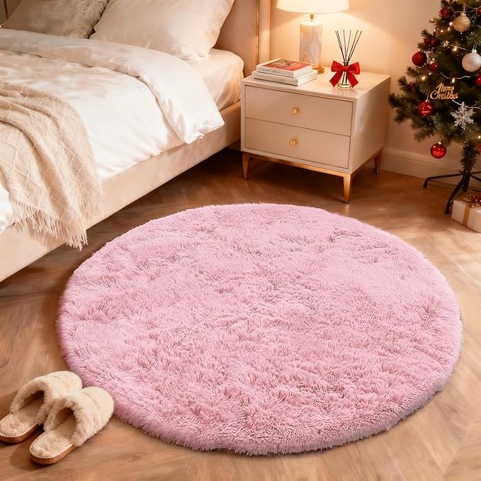 OLANLY Pink Round Rugs for Bedroom - Machine Washable, 4 ft Circle Area Rugs for Living Room, Soft and Fluffy Shaggy Carpet for Teen Girls and Boys, Nursery Rooms, Dorms, Home Decor Aesthetic