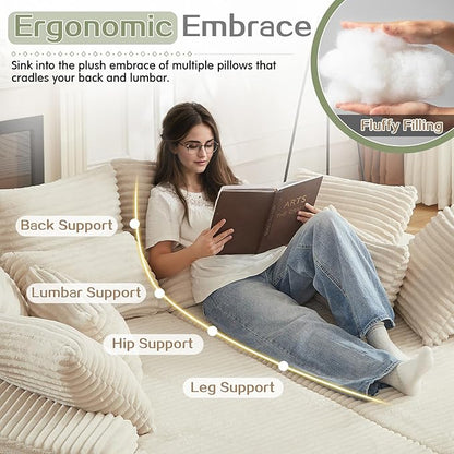 78-inch Oversized Round Chaise Lounge Chair Indoor, Convertible Folding Sofa Bed w/ 10 Pillows, Fluffy Corduroy Boneless Compressed Memory Foam Couch for Living Room, Bedroom (Beige, Left & Right)