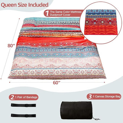 MAXYOYO Bohemian Retro Floor Mattress Vintage Floral Japanese Futon Mattress Roll Up Tatami Floor Mat Foldable Bed Portable Camping Mattress Sleeping Pad Floor Lounger Couch Bed Queen Size