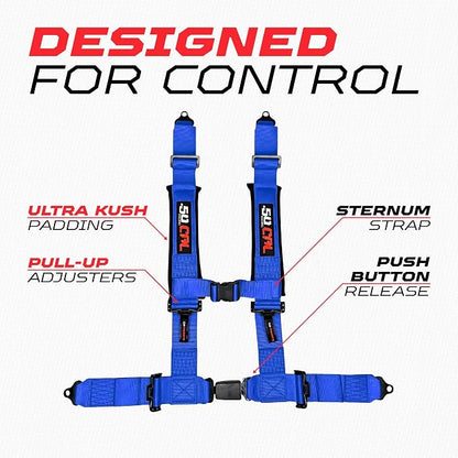 1pc 50 Cal Blue 4 Point Harness 3in Straps, Racing Harness Seat Belt | Ultra Kush padding, Push Button quick release hardware. Universal Fit for UTV, RZR, race car.