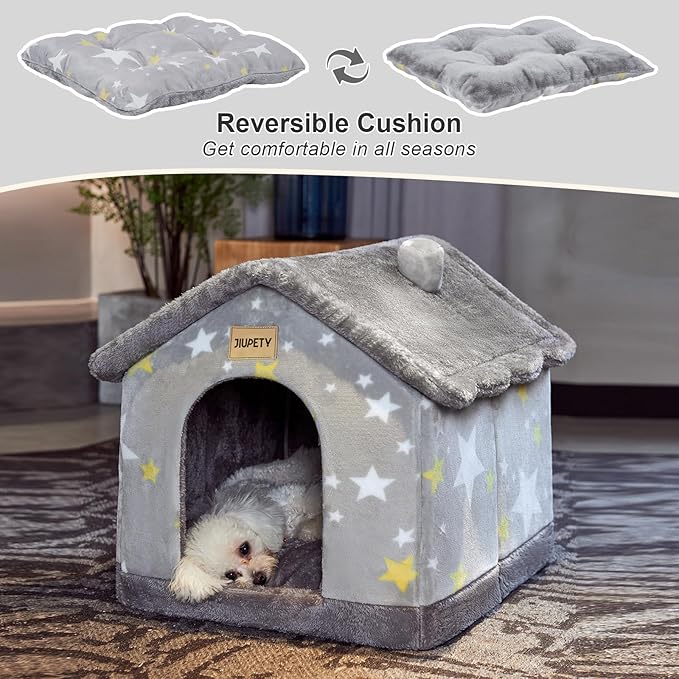 Cute Indoor Dog Houses, Dog Bed with Cover Cave,Soft Cozy Dog Cave Bed,Grey | M Size for 6-11 Lb Dogs and 9-17 Lb Cats, Igloo Pet House with Non-Slip Bottom,Dog Cave with Foldable Reversible
